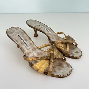 Manolo Blahnik Antique Gold Leather Kitten Heel Sandals